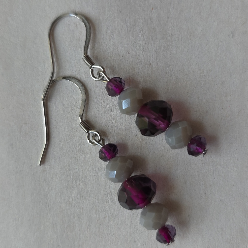 Handmade Purple and Gray Beaded Earrings on Stainless Steel